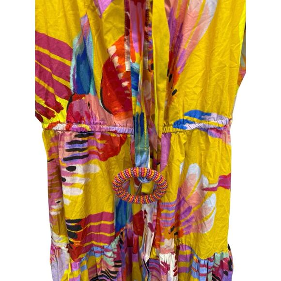 FARM RIO Neon Macaws Puff Sleeve Maxi Dress M Yellow Parrot Print Cotton Belted - Picture 6 of 12